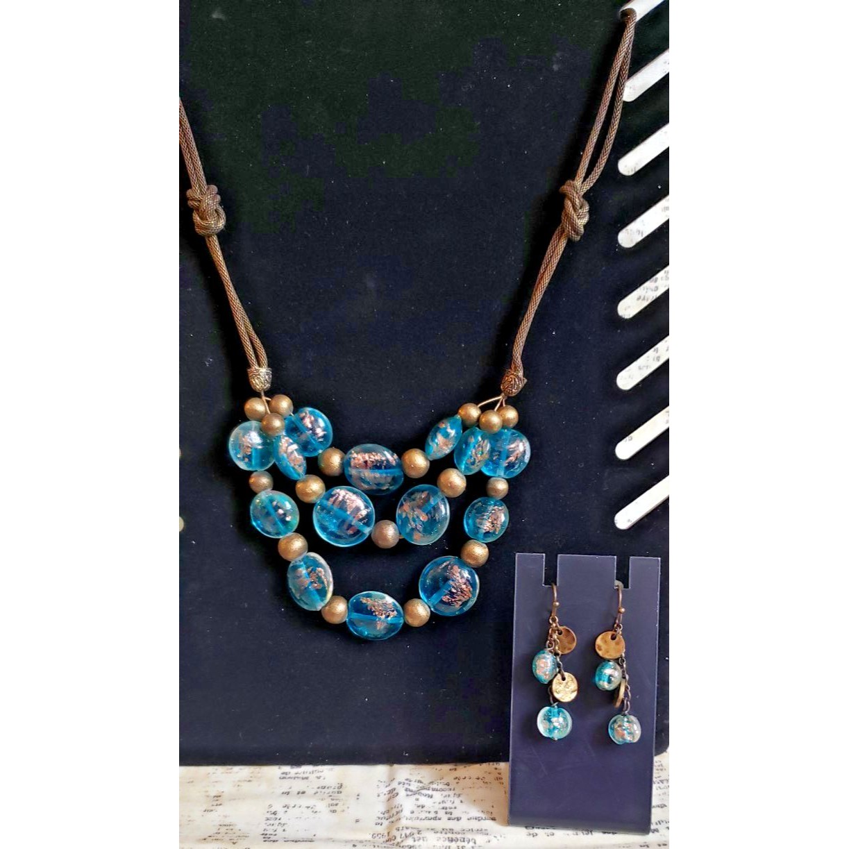 Triple Strand Coldwater Creek Necklace & Earring Set - Blue Glass Gold Detailing